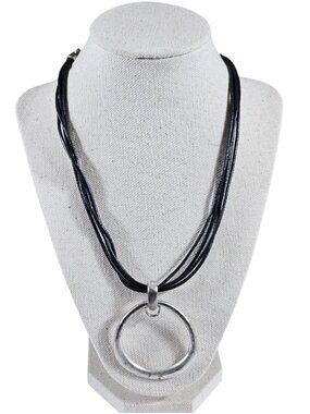 Premier Designs Silver Tone Open Circle Pendant Necklace Multi Strand Black Cord